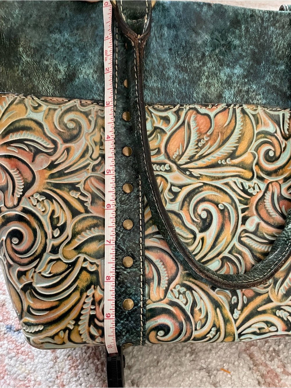 Patricia Nash Talloria Tooled Leather Handbag - Turquoise Western Tote - Picture 8 of 10